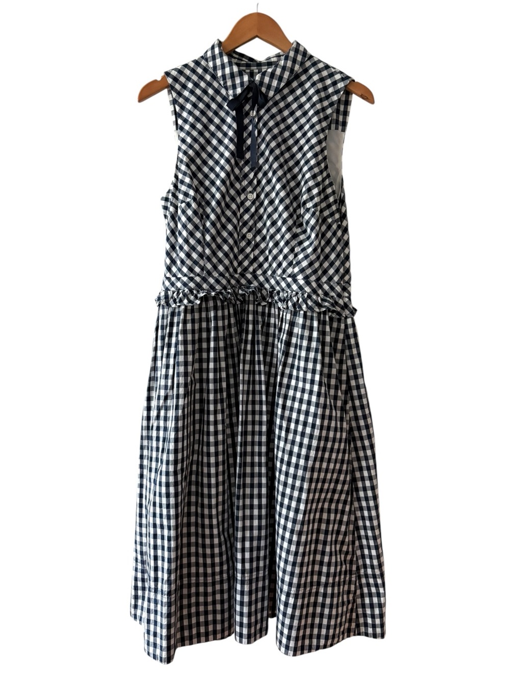 J. Crew Navy and White Gingham Sleeveless Dress with Tie Neck